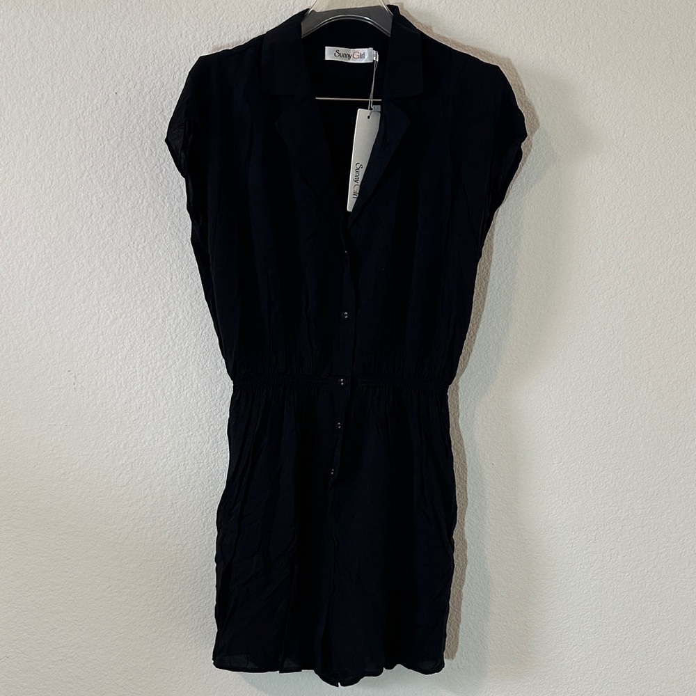 Sunny Girl Black Button-Front Romper – Size XL, 100% Rayon, Casual Short‎ Sleeve